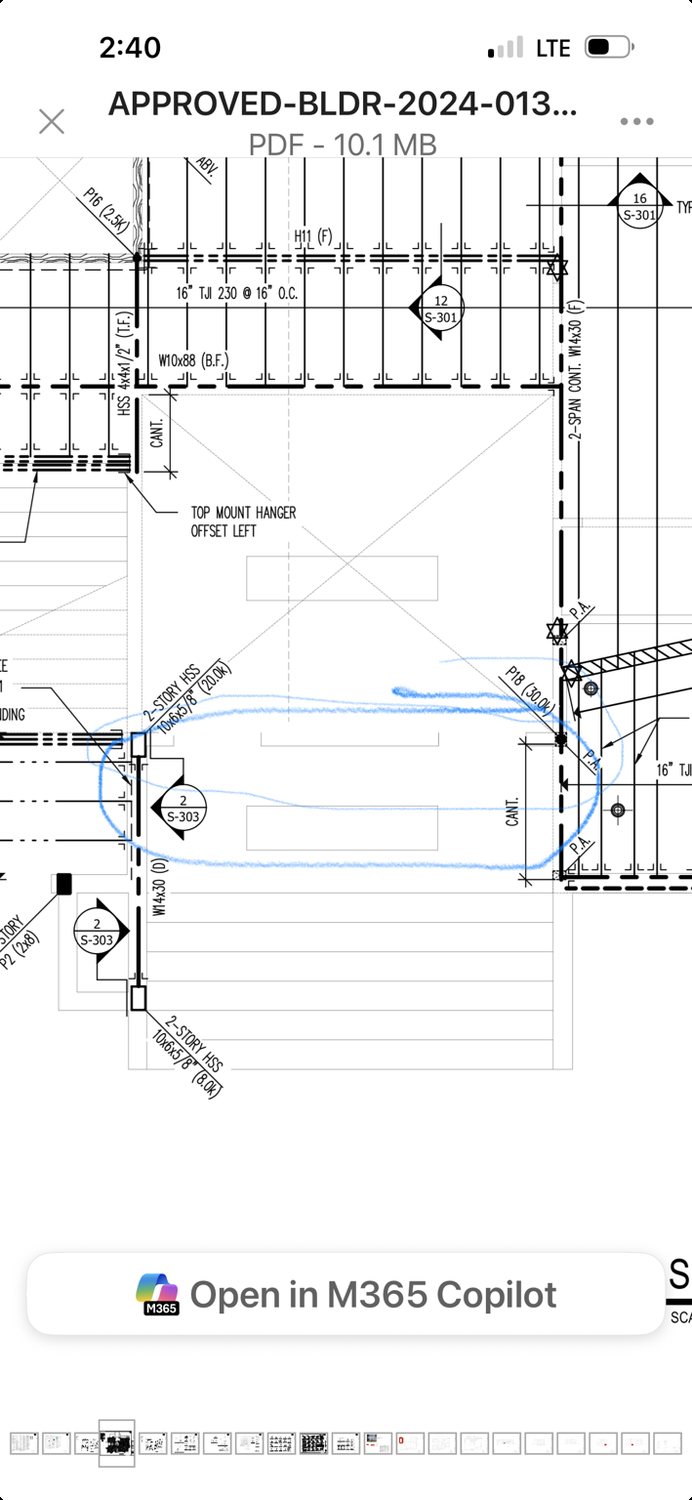 Structural plan with circled opening where a structural beam was identified as missing