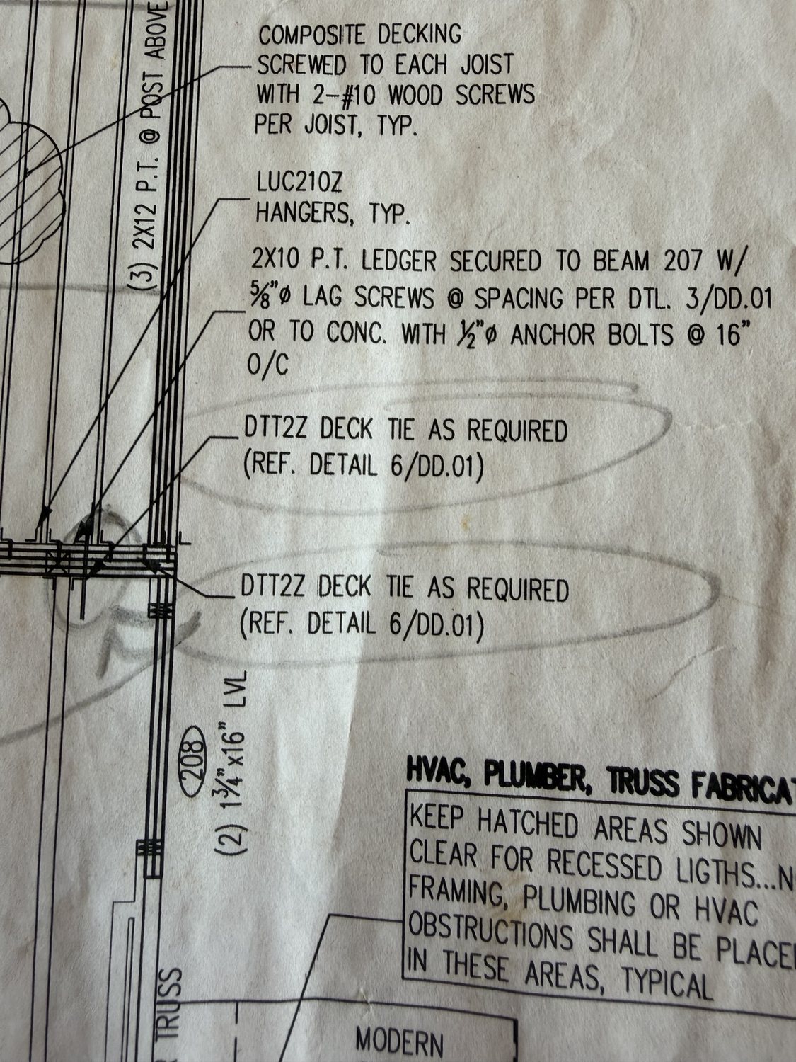 Structural drawing noting tension ties and connection hardware